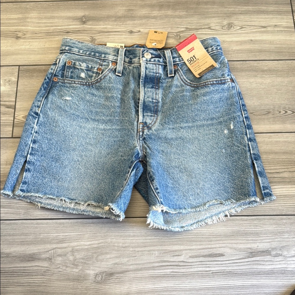 Levi's Blue Jean Shorts with Frayed Hem and Distressed Look
